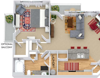 Elliot I 3D. 1 bedroom apartment. Kitchen with bartop open to living/dinning rooms. 1 full bathroom. Walk-in closet. Patio/balcony.