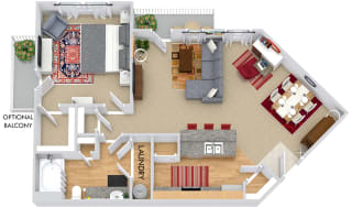 Elliot I 3D. 1 bedroom apartment. Kitchen with bartop open to living/dinning rooms. 1 full bathroom. Walk-in closet. Patio/balcony.