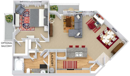 Elliot I 3D. 1 bedroom apartment. Kitchen with bartop open to living/dinning rooms. 1 full bathroom. Walk-in closet. Patio/balcony.