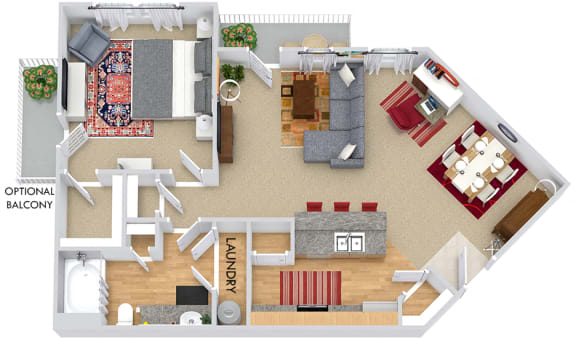 Elliot I 3D. 1 bedroom apartment. Kitchen with bartop open to living/dinning rooms. 1 full bathroom. Walk-in closet. Patio/balcony.
