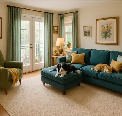 A living room with a green couch and two dogs.