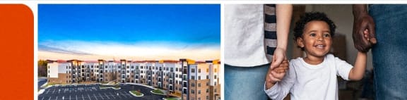 two pictures of a boy and an apartment building