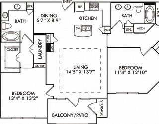 The London. 2 bedroom apartment. Kitchen with bartop open to living/dining rooms. Study room. 2 full bathrooms, double vanities. Walk-in closets. Patio/balcony.