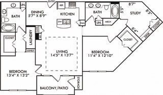 The London. 2 bedroom apartment. Kitchen with bartop open to living/dining rooms. Study room. 2 full bathrooms, double vanities. Walk-in closets. Patio/balcony.