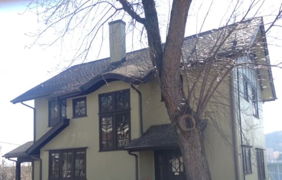 a house with a tree and a car in front of it