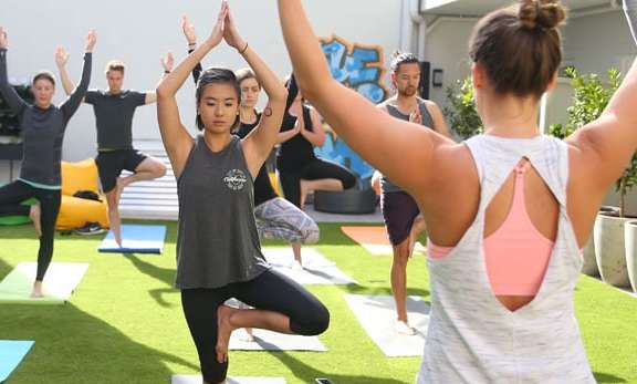 a group of people doing yoga on yoga mats