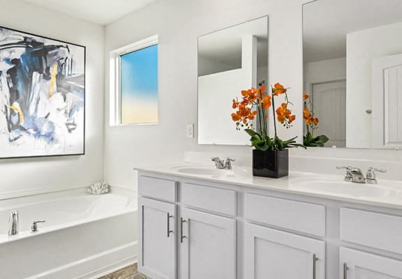 a white bathroom with two sinks and a mirror