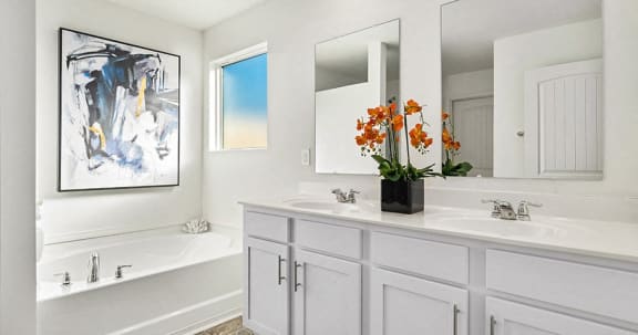a white bathroom with two sinks and a mirror