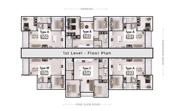 A floor plan of a building with different types of rooms labeled.