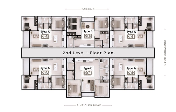 A floor plan of a building with different types of rooms labeled.