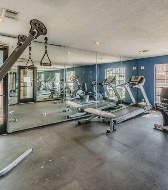 A gym with treadmills, elliptical machines, and other exercise equipment.