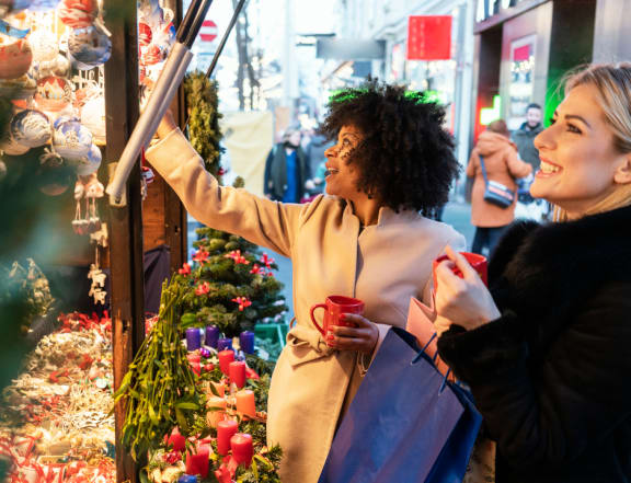 two women looking at christmas decorations in a store