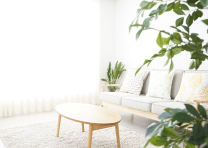 a living room with a couch and a coffee table