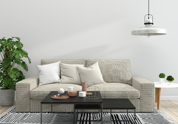 A living room with a grey couch, a black coffee table, and a potted plant.