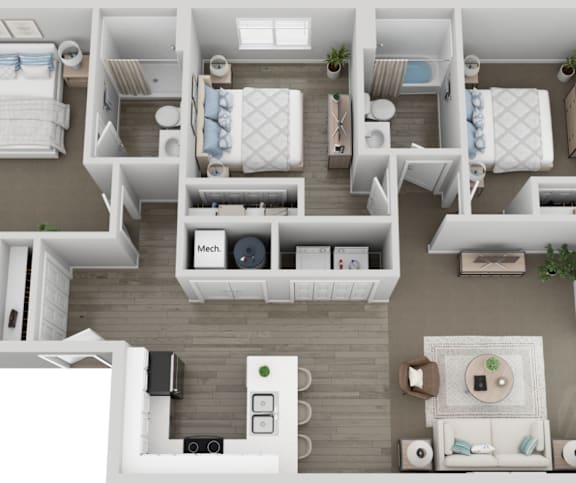 A top-down view of a modern apartment layout with two bedrooms, a living area, and a kitchen.