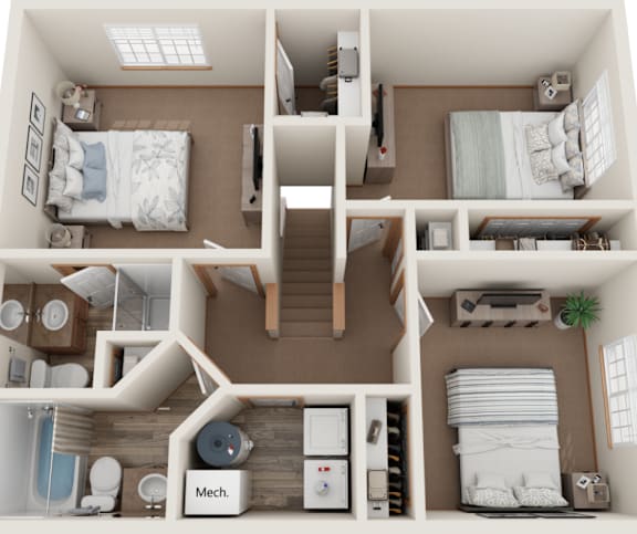 A 3D floor plan of a small apartment with two bedrooms, a bathroom, and a kitchen.