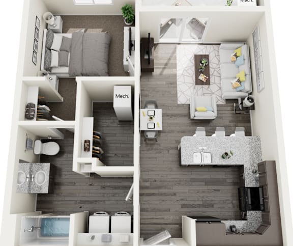 A top-down view of a small apartment with a kitchen, living room, and bathroom.