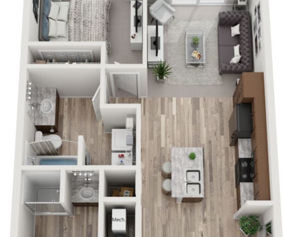 A top-down view of a modern apartment with a kitchen, living room, and bedroom.