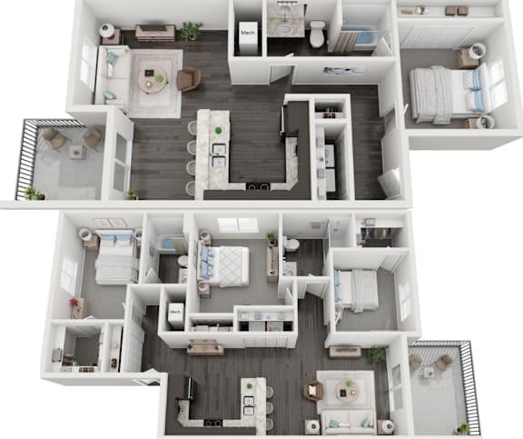 A 3D floor plan of a multi-bedroom apartment.