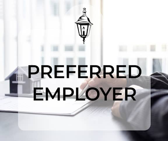 A logo with the text "PREFERRED EMPLOYER" is displayed on a screen.