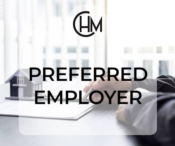 A logo with the text "PREFERRED EMPLOYER" is displayed on a screen.