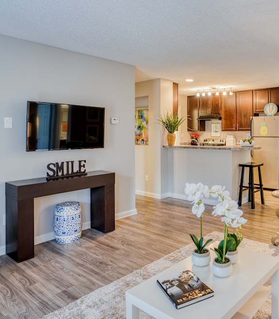 A living room with a white couch, a coffee table, a fireplace, and a TV on the wall.