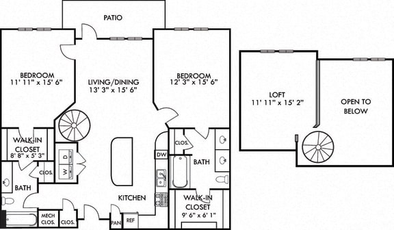 Franklin Loft. 2 bedroom apartment. Stairs to loft. Kitchen with island open to living/dinning room. 2 full bathrooms, double vanity in master. Walk-in closets. Patio/balcony.