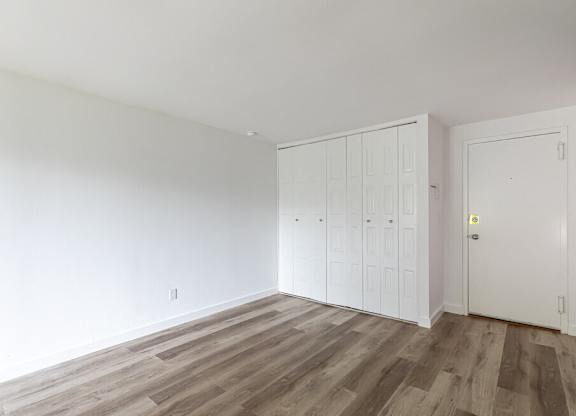 A room with a white door and a white cabinet.