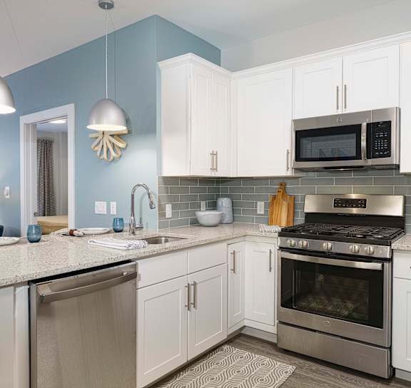 Kitchen with Sink, cabinets and stove top oven at Viva Lakeshore, Bridgewater, 02324
