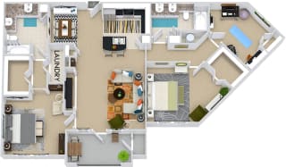 The London 3D. 2 bedroom apartment. Kitchen with bartop open to living/dining rooms. Study room. 2 full bathrooms, double vanities. Walk-in closets. Patio/balcony.