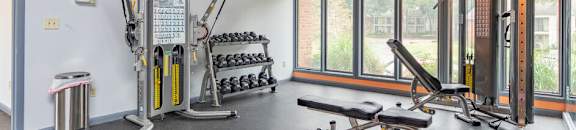 the gym has plenty of equipment and a large window