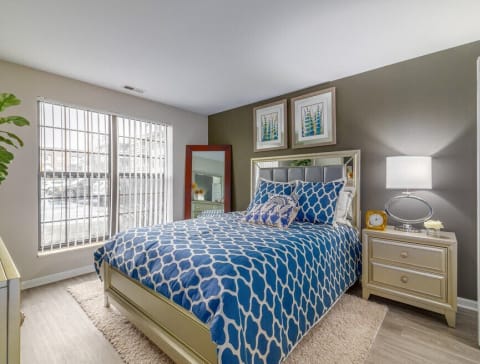 a bedroom with a blue comforter on a bed