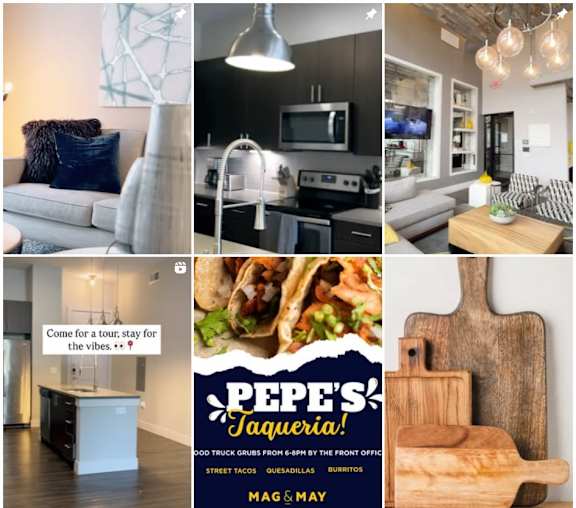 A collage of images showcasing interior design, food, and a sign for Pepé's Taqueria.
