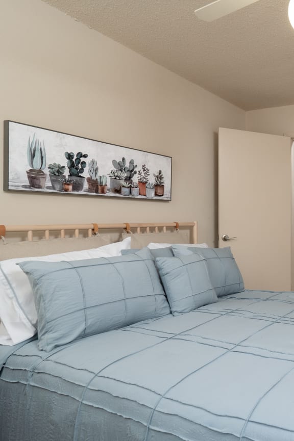 a bedroom with a bed and a closet and a ceiling fan at The Fountains Apartments, Pensacola, Florida, 32514