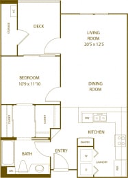 Residence 3 - 1 Bedroom 1 Bath Floor Plan Layout - 750 Square Feet