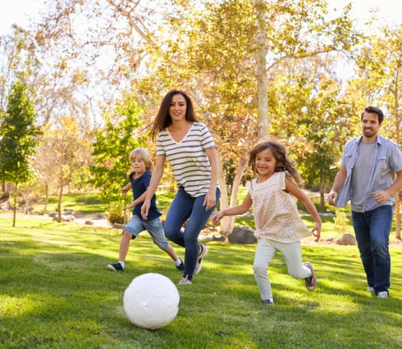 a family playing soccer in the park