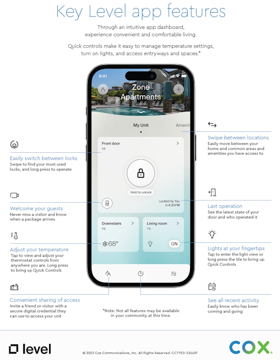 A smartphone screen displays the interface of the Key Level app, which includes features for managing a rental property.