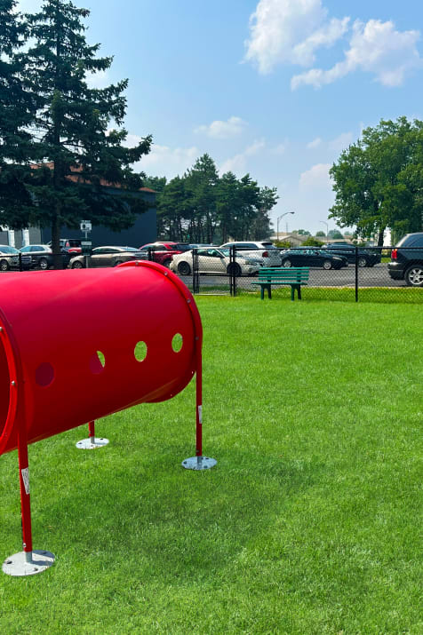 a red mailbox on a grassy field