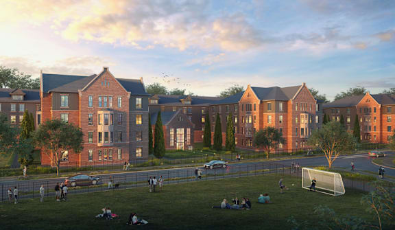 a rendering of an apartment complex with people in a park