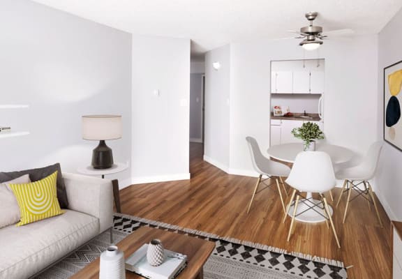 dining area with a table and a view of the kitchen