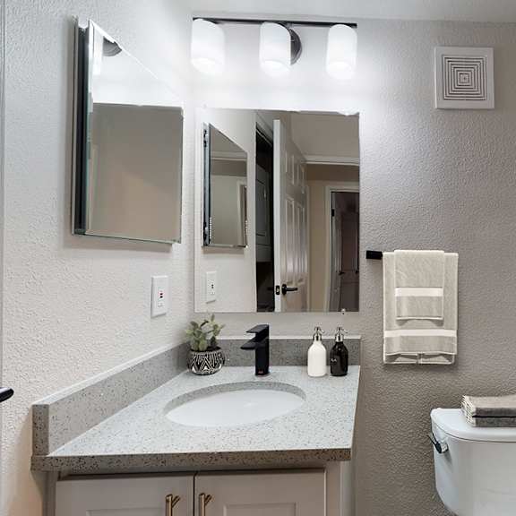 A bathroom with a sink, toilet, and a mirror.