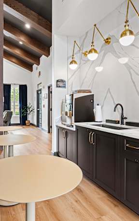A modern kitchen with black cabinets and a grey sofa.