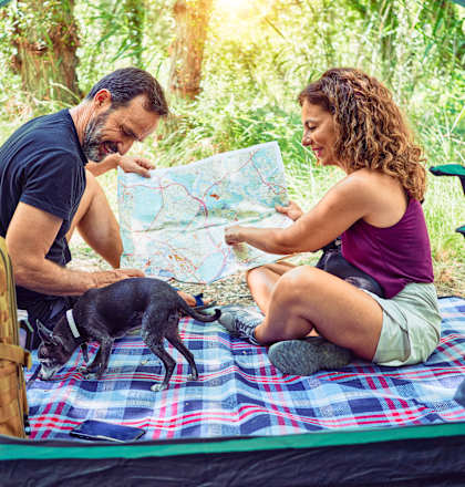 a man and a woman sitting on a camping blanket looking at a map with their dog