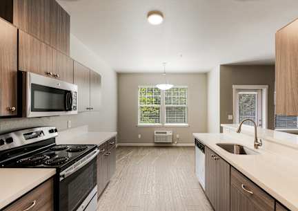 A modern kitchen with a stove, microwave, and dishwasher.