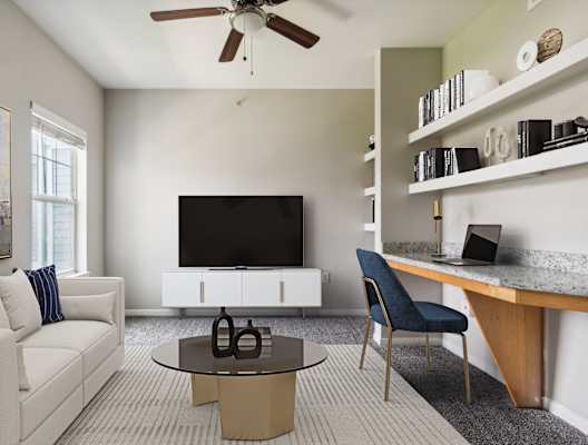 a living room with a couch and a coffee table
