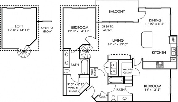 Cary Loft. 2 bedroom apartment. Stairs to loft. Kitchen with island open to living/dinning rooms. 2 full bathrooms, double vanity in master. Walk-in closets. Patio/balcony.