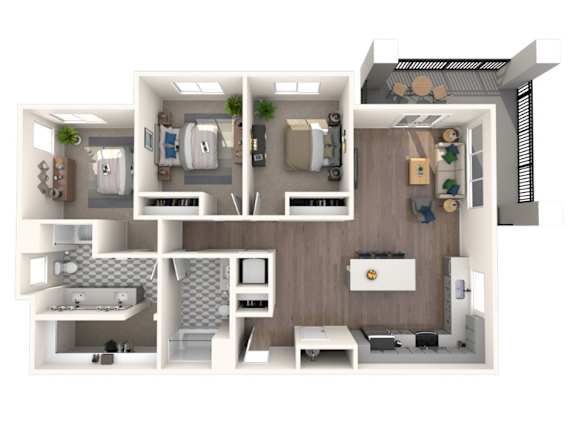 A 3D rendered image of a modern apartment layout.