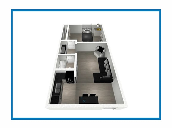 A blue frame surrounds a picture of a modern living room.