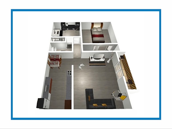 A floor plan of a house with a living room, kitchen, dining room, and two bedrooms.