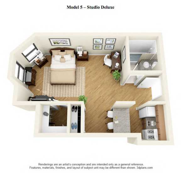 The Dearborn - Studio Deluxe - Model 5 at 14 West Elm Apartments, Chicago,Illinois